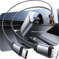 "Rocoren 4 in 1 Cigaretės žiebtuvėlio USB C 69 W automobilio įkroviklio adapteris su ištraukiamu kabeliu, automobilio priedai, kempingo reikmenys, skirti "iPhone 17 Pro Max Air", "Samsung