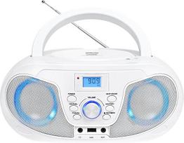 "Silva Schneider MPC 25.4 USB" - nešiojamasis CD grotuvas su FM radiju, MP3 USB, AUX ir ausinių lizdu, LCD ekranu, 40 W p.m.p.o., maitinamas iš tinklo / baterijos - baltas