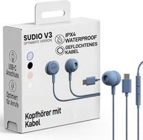 "sudio V3 Essential" laidinės ausinės su kabeliu, "In-Ear" ausinės su USB-C jungtimi, pintos, laidas atsparus lūžiui, integruotas mikrofonas, IPX4 atsparumas vandeniui, mėlynos spalvos