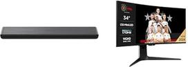 "TCL S45HE" 2.0 kanalų "Pro Soundbar" garso juostos, 100 W, žemų dažnių stiprinimas, "Dolby Atmos", "DTS Virtual:X", "TV Ready", "Bluetooth 5.2", "HDMI eArc", USB + "TCL 34R83Q", miniLED monitorius su 1100 zonų ir WQHD