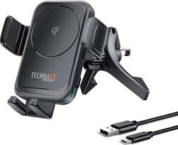 "Technaxx" 15 W belaidis automobilinis įkroviklis ir mobiliojo telefono laikiklis TX-322 su "Qi" greitojo įkrovimo laikikliu oro angai - automatinis prispaudimas, pasukimas 360° kampu, tinka išmaniesiems telefonams iki 6,7 colio