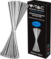 "V-TAC" nerūdijančio plieno kabelių raiščiai, skirti 4,6 mm x 200 mm dydžio kabeliams - 100 vnt. pakuotėje - universalūs kabelių raiščiai - kabelių laikikliai elektrikams, mechanikams, geležies vamzdžiams