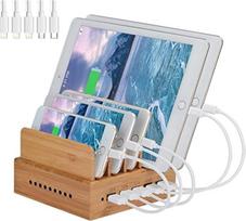 "Yisen" 5 USB prievadų bambuko įkrovimo stotelė išmaniesiems telefonams ir planšetiniams kompiuteriams
