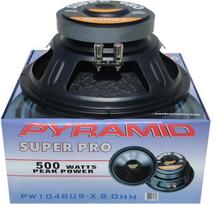 1 Pyramid PW1048USX žemų dažnių garsiakalbis 25 cm 250 mm 10" skersmens, 250 W RMS ir 500 W maksimali galia, varža 8 Om, skirtas namų DJ diskotekoms, guminė pakaba, pakuotė po 1 vnt.