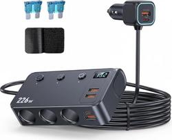 226W automobilinis įkroviklis Cigarečių žiebtuvėlio daliklis 9-in-1 daugiafunkcinis automobilinis maitinimo adapteris su 3 lizdais, dvigubu PD USB-C, 4 USB prievadais, LED įtampos ekranu, skirtas 12V-24V transporto priemonių USB įkrovikliui