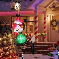 240 cm Lange hängende, Aufblasbare Weihnachtsdekoration für den Außenbereich, lustiges, Aufblasbares Rentier mit Kletterndem Weihnachtsmann und Geschenktüte, Aufblasbare Weihnachtsdekoration