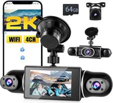 2K WiFi "Dash Cam" automobilinė 4 kanalų, 360 laipsnių "Dash Cam" FHD priekinė galinė vidinė kairė ir dešinė 2K + 1080P x 3, automobilinė kamera su kilpos įrašymu, G jutiklis, naktinis matymas, parkavimo stebėjimas, 64GB SD