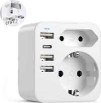 6-in-1 kelioninis adapteris, adapteris Anglija Vokietija kištukas su 3 USB prievadais +1 USB C + 2 kintamosios srovės kištukiniai lizdai G tipo adapteris Anglijai, Airijai, Jungtinei Karalystei, Dubajui, Maldyvams