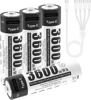 AA įkraunamos baterijos, 1,5 V 3600 mWh AA įkraunamos baterijos su 4-in-1 C tipo įkrovimo kabeliu ir laikymo dėklu, 4 vnt.