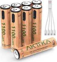 ATKKTA įkraunamos AAA ličio baterijos, 8 vnt., 1,5 V 1100 mWh AA baterijos su 4-in-1 USB-C įkrovimo kabeliu, 2 val. greito įkrovimo, 1200 ciklų