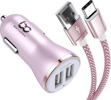 Automobilinis įkroviklis "Samsung Galaxy A14 A54 A34 A52 A52S A53 A23 A33 Mobilusis telefonas automobilyje 2 prievadų USB automobilinis adapteris Greitasis įkrovimas 4,8 A su 1 m C tipo USB kabeliu Greitasis įkrovimo laidas