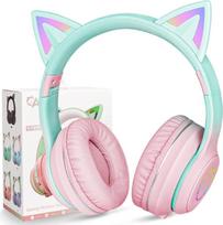 AXFEE vaikiškos ausinės, "Bluetooth", mergaičių ausinės su katės ausimis, per ausis su LED šviesa, sulankstomos stereo ausinės, belaidės, ausinės su mikrofonu, skirtos mobiliajam telefonui / stalui / kompiuteriui