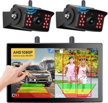 Belaidė atbulinės eigos kamera, 10 colių jutiklinio ekrano monitorius su 2 atbulinės eigos kameromis, AI BSD, HD 1080P IP69K vandeniui atsparus IR naktinio matymo 170° plačiu kampu, belaidis stovėjimo pagalbos įrenginys sunkvežimiams, nameliams ant ratų