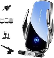Belaidis automobilinis įkroviklis, telefono laikiklis, 15 W greitas įkrovimas, išmanusis automatinis prispaudimas, priekinis stiklas, belaidis įkrovimas, įkrovimas magnetine galvute, USB kabelis (sidabrinis)