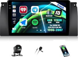 CAMECHO 4+128G 9 colių "Android 15" automobilinis radijas BMW X5 E39 E53 E38 M5 1996-2007, navigacinis radijas Bluetooth su GPS WiFi belaidis Carplay Android Car RDS FM Mirror Link + atbulinės eigos kamera, Incell