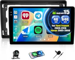 CAMECHO 4+64G 9 colių "Android 15" radijo stotis "Ford Transit 2009-2016 Focus 2005-2008", "Ford Navi" automobilinis radijas su GPS "WiFi" belaidžiu "Carplay" "Android Car RDS FM Mirror Link" su galinio vaizdo kamera