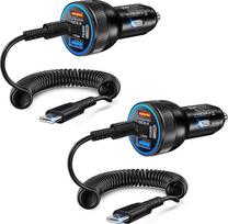 Cigaretės žiebtuvėlio USB C - 2 pakuotės 65 W automobilinis įkroviklis, 4 prievadų PD&QC3.0 automobilinis įkroviklis, 12 V USB adapteris su 1,2 m greituoju spiraliniu C tipo kabeliu, skirtas iPhone 17 16 15 Pro Max Samsung S25/24