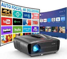 Dienos šviesos projektorius 2400ANSI Ultra HD 4K HDR10 Dienos išmanusis projektorius su automatinio fokusavimo funkcija HDMI eARC/CEC WiFi6 "Bluetooth 5.4" 40W DB garso WLAN projektorius namų kinui Žaidimų lubos