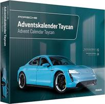 FRANZIS 67203 "Porsche Taycan" advento kalendorius "Frozen Blue", 1:24 mastelio metalinis modelio rinkinys, įskaitant LED salono apšvietimą ir 52 puslapių lydraštį
