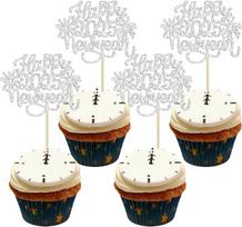 Gyufise 24 Stück 2025 Happy New Year Cupcake Toppers Glitter Hello 2025 Feuerwerk Cupcake Picks für Willkommen 2025 Happy New Year's Eve Kuchen Dekorationen Partyzubehör Silber
