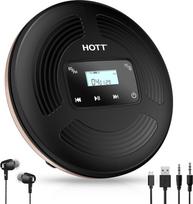 HOTT Nešiojamasis 1800 mAh įkraunamas CD grotuvas su "Bluetooth" ir FM siųstuvu, idealiai tinkantis kelionėms, namams ir automobiliui, su stereofoninėmis ausinėmis ir smūgiams atsparia konstrukcija (juodas)