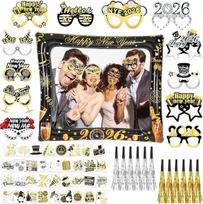 HOWAF Silvester Deko, Aufblasbarer Fotorahmen Silvester Brille Partybrille Frohes Neues Jahr Tattoos Partytröten für Foto Requisiten Neujahr Deko, Happy New Year Deko