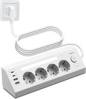 Kampinis kištukinis lizdas Virtuvė su USB C maitinimo juosta Apsauga nuo viršįtampių USB su jungikliu ir LED naktine šviesa Keli kištukiniai lizdai Virtuvė ir biuras 1,8 m kabelis Baltas