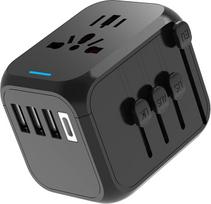 Kelioninis adapteris, tarptautinis lizdo adapteris su indikatoriumi, palaiko 3 USB ir 1 C tipo kištuką, skirtas kelionėms ir prijungimui prie ES, JK, AUS, Azijos, juodas