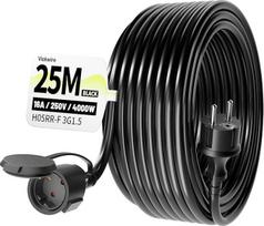 Lauko ilginimo kabelis, 25 m guminis kabelis su apsauginiu kontaktiniu kištuku, išorinis kabelis su apsauginiu dangteliu, 16 A/250 V, juodas, H05RR-F 3G 1,5 mm², IP44