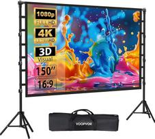 Lauko projektoriaus ekranas su trikoju 150 colių: Nešiojamas projekcinis ekranas 16:9 4K HD, kino ekranas, skirtas naudoti patalpose ir lauke, su krepšiu ir reguliuojamo aukščio stovu, skirtas namų kinui ir stovyklavimui