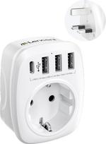 LENCENT Adapteris Anglija Vokietija kištukas, iš ES į JK, kelioninis maitinimo adapteris, G tipo kelioninis kištukas, skirtas JK ir Airijos sieniniams lizdams, su 3 USB/1 C tipo / AC lizdo adapteriu