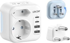 LENCENT D ir M tipo kombinuotas kelioninis adapteris su 2 USB-C ir 2 USB-A prievadais, skirtas Namibijai, Pietų Afrikai, Indijai, Nepalui, kelionių kištukinio lizdo adapteris, maitinimo adapteris