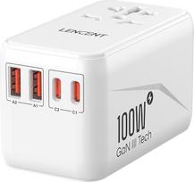 LENCENT universalus 100 W GaN3 tarptautinis kelioninis kištukas su 2 QC4.0 USB-A + 2 PD3.0 Type-C PPS greitojo įkrovimo kištukais, pasaulinis sieninis įkroviklis, skirtas JAV, JK, ES ir ES lizdams, baltos spalvos