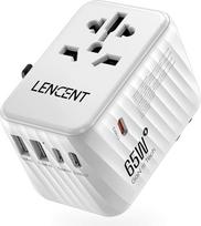 LENCENT tarptautinis kelionių adapteris, 65 W GaN3 universalus adapteris su 2 USB A+3 C tipo PD, pasaulinis maitinimo adapteris mobiliesiems telefonams, nešiojamiesiems kompiuteriams, "viskas viename" kelionių kištukas, skirtas ES/USA/UK/AU lizdams, balto