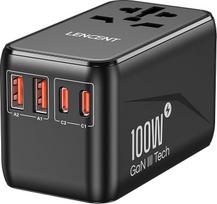 LENCENT Universalus 100 W GaN3 tarptautinis kelioninis kištukas su 2 QC4.0 USB-A + 2 PD3.0 Type-C PPS greitojo įkrovimo kištukais, pasaulinis sieninis įkroviklis, skirtas JAV, JK, ES ir ES lizdams, juodas