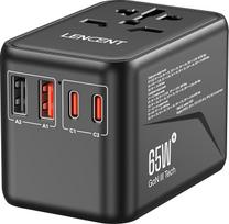 LENCENT universalus kelioninis adapteris, GaN3 65 W tarptautinis adapteris su 2 QC4.0 USB-A+2 PD3.0 Type-C PPS Fast Charging, pasaulinis kelioninis kištukinis adapteris, skirtas JAV, JK, ES ir JAV lizdams, juodas