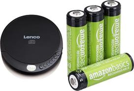 Lenco CD-010 Nešiojamasis CD grotuvas Walkman Diskman CD Walkman su ausinėmis ir Micro USB įkrovimo kabeliu Juodas ir "Amazon Basics" iš anksto įkrautos NI-MH AA baterijos 4 vnt.