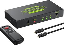 LiNKFOR Skaitmeninis optinis garso perjungiklis 3x1 SPDIF Toslink perjungimo dėžutė 3 prievadų optinis perjungiklis su IR nuotolinio valdymo pultu Palaiko PCM2.0 DTS Dolby-AC3 Suderinamas su PS3 PS4 Xbox Blu-Ray grotuvu HDTV