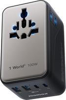 MOMAX kelioninis adapteris Worldwide 100 W GaN universalus adapteris su 2 kintamosios srovės lizdais, 2 USB-C PD + 2 USB-A QC - suderinamas su daugiau kaip 150 pasaulio šalių - auksinis