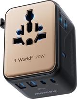 MOMAX universalus adapterio lizdas, 70 W GaN kelioninis kištukinis adapteris visame pasaulyje su 2 kintamosios srovės 3 USB C ir 2 USB A, 7-in-1 kelioninis tarptautinis kištukinis adapteris, skirtas ES, JK, JAV, Japonijai (TYP A/B/C/G/I/J/L/N)