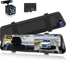 NHOPEEW 1080P veidrodinė prietaisų skydelio kamera su 4,5 colio ekranu, priekinė ir galinė kamera, įrašymas kilpa, stovėjimo gairės, naktinis matymas, ekspozicijos kontrolė, "Plug & Play", 32GB kortelė