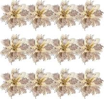 NUOBESTY Poinsettia Glitter dirbtinės gėlės su stiebeliais ir spaustukais Kalėdų dekoracijos Kalėdų vainiko dekoracijos Kalėdų vakarėliui 12 vnt.