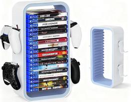 OYO-1 【40cm】 Žaidimų laikymo bokštas, suderinamas su PS5/Xbox S ir X/Switch serijomis, universalus vaizdo žaidimų diskų laikiklis, 18 dalių su 4 valdiklių laikikliais, žaidimų diskų dėžutės stovas (baltas/mėlynas)