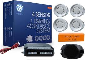 Parkavimo jutiklių rinkinys su garsinio signalo siųstuvu, skirtas montuoti papildomai, ir 4 sidabriniai jutikliai su atbulinės eigos garsiakalbiu PDC CP7S. Universalus visiems automobiliams