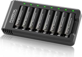 POWEROWL AA baterijos PRO su 8 skyrių įkrovikliu, aukso spalvos didelės talpos 2800 mAh įkraunamos AA baterijos - 8 vnt.