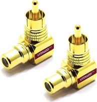 RCA kampinis adapteris 90°, 2 vnt., kampinio kištuko jungties adapteris, paauksuotas RCA kampinis kištukas