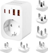 Tarptautinis kelioninis adapteris su USB-A/Type-C, G/B/B/I/A/M/D tipo kištukiniu lizdu, skirtas Jungtinei Karalystei, JAV, Australijai, Japonijai, Pietų Afrikai ir Indijai