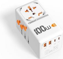 TESSAN 100 W GaN kelioninis adapteris visame pasaulyje, greitojo įkrovimo adapteris, kelioninis kištukas visame pasaulyje su 2 USB C, 2 USB A, kelioninis adapteris ES, JAV, JK, Italijai, Japonijai, Tailandui, Australijai, Kanadai