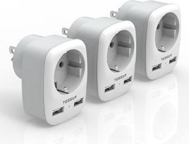 TESSEN kelioninis adapteris JAV adapteris JAV Vokietijos kištukinis lizdas su USB, 1 "Schuko" kintamosios srovės ir 2 USB A kištukiniai lizdai, skirti Kanadai, Amerikai, Tailandui, Meksikai, Peru, 1250 W, 3 vnt.