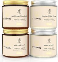 TTRWIN 4 kvapiųjų žvakių rinkinys iš sojų vaško, ilgai degantis, maža kvapioji žvakė stiklinėje, jazminas/Ylang Ylang, sandalmedis/pačiulis, eglė/kedras, vanilė/gintaras, dovana moterims ir vyrams